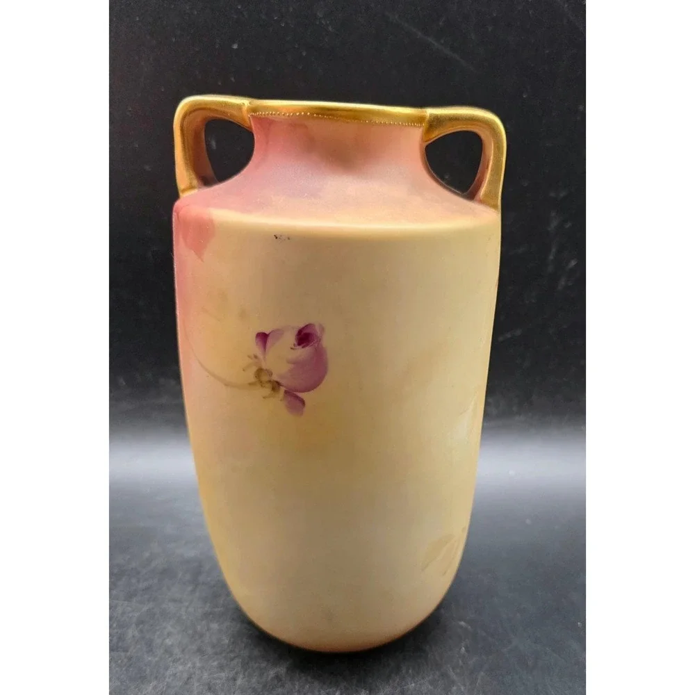 Antique Nippon Hand Painted Rose Vase Gold Gilded Double Handle Porcelain Matte
